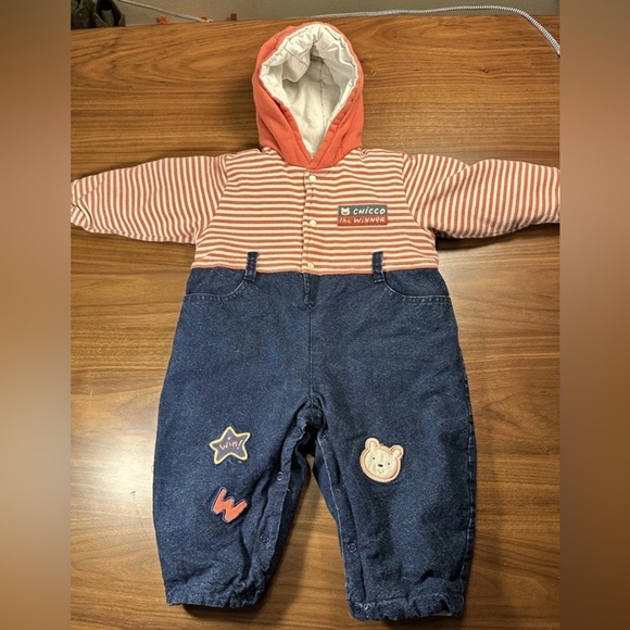 Chicco Other - Chicco Baby Snowsuit Hooded Bunting Suit Red/Denim Bear Patch Size 6–12M